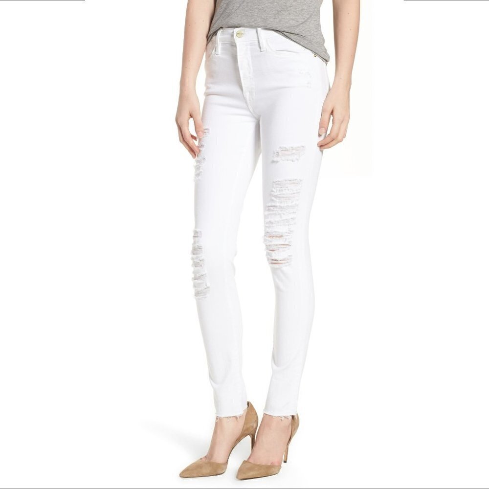 Frame Le High Skinny distressed shredded raw hem white denim jeans new 27